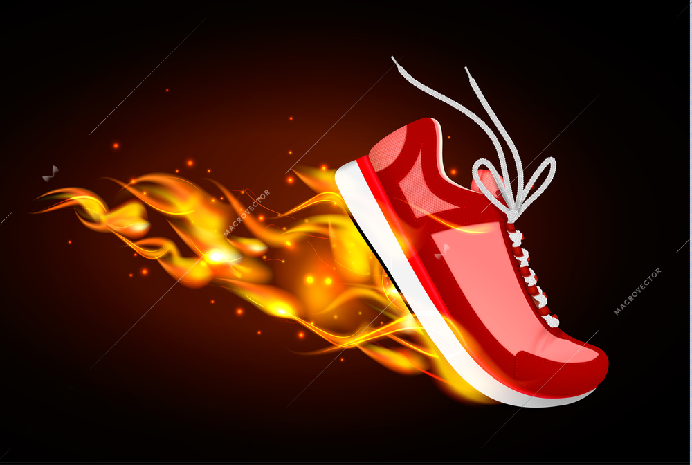 Burning sport shoes realistic vector illustration of red sneaker in dynamics with fire from under sole