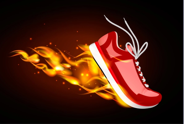 Burning sport shoes realistic vector illustration of red sneaker in dynamics with fire from under sole