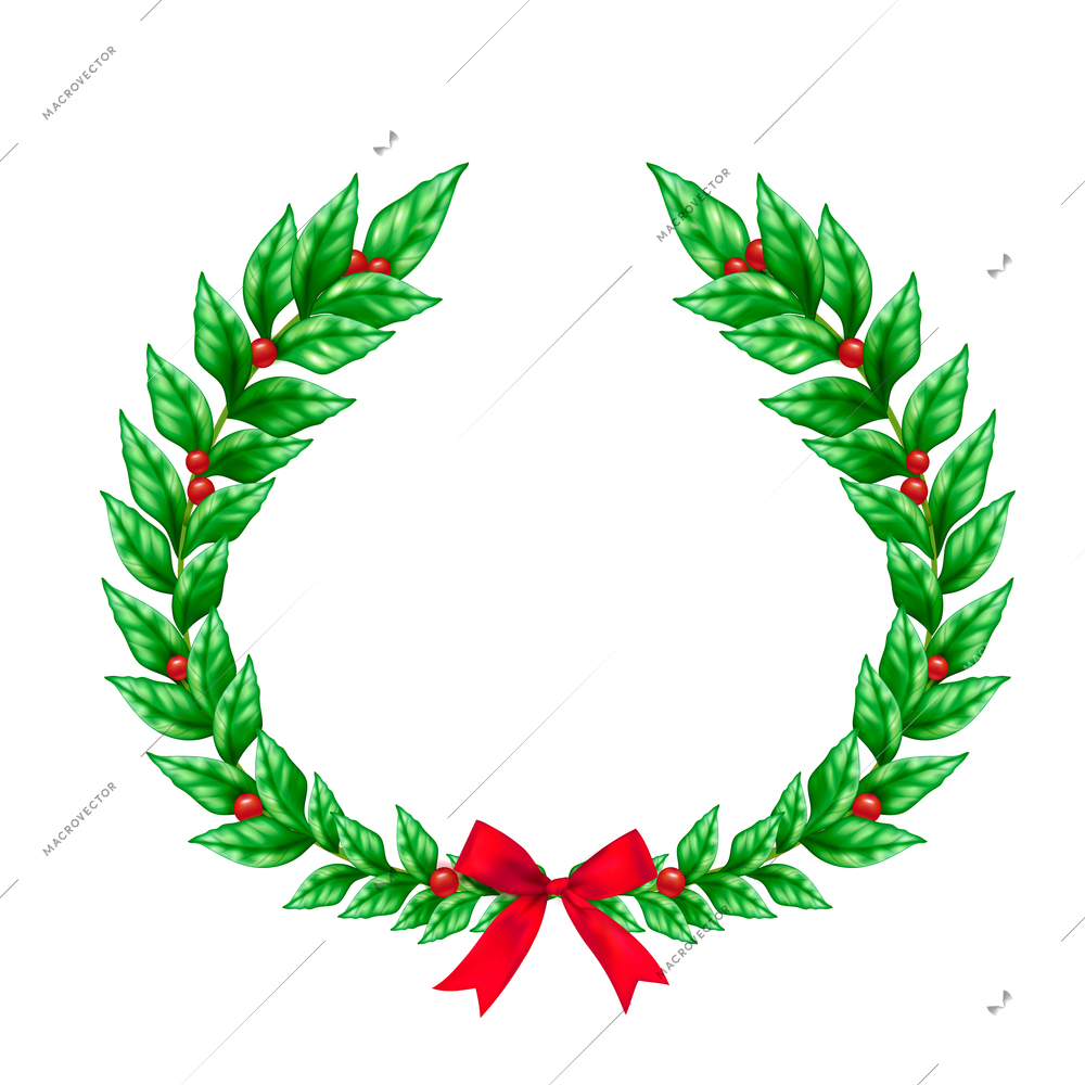 Christmas green wreath decorated with red ribbon bow and berries realistic sign isolated on white background vector Illustration