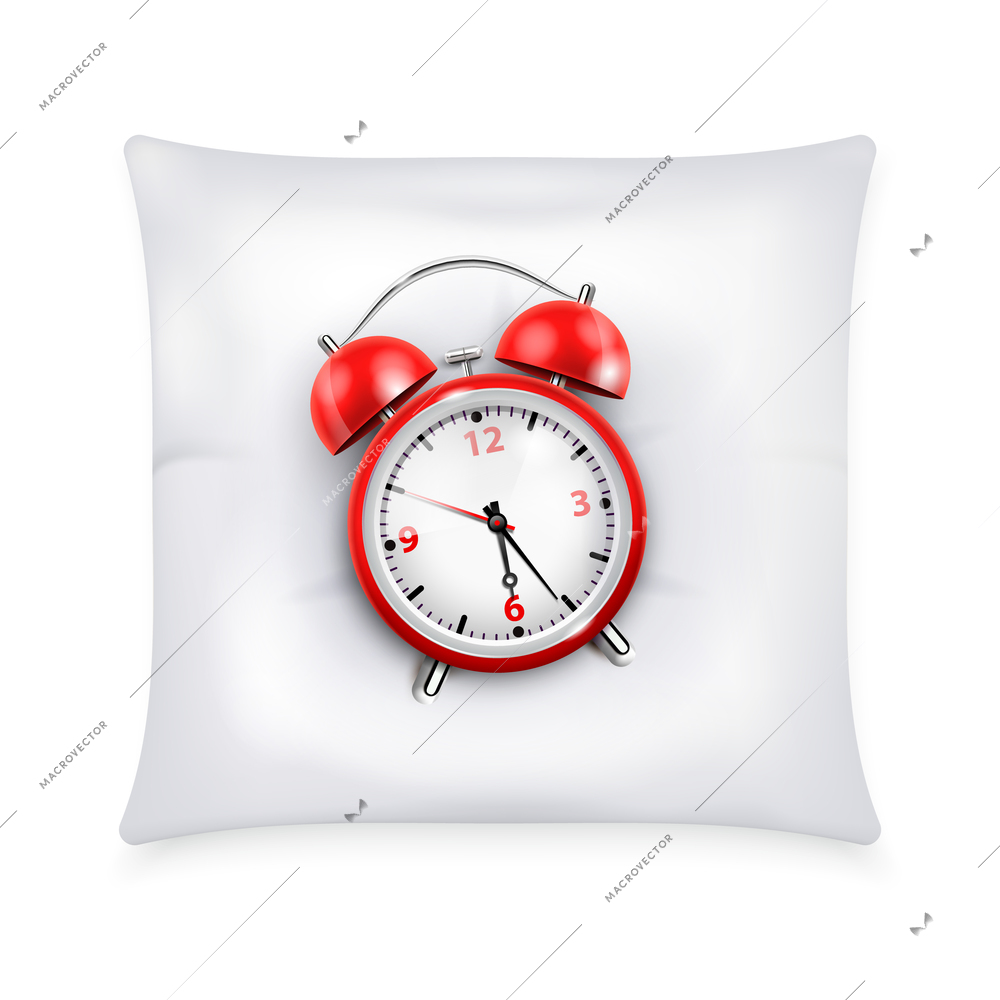 Red alarm clock with two bells in retro style on white pillow  realistic design concept vector illustration