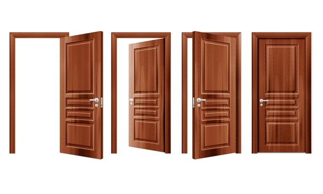 Modern wooden opened and closed door in different positions realistic set isolated vector Illustration