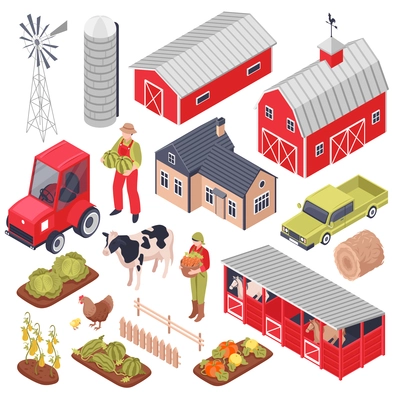 Isometric set with farm buildings equipment domestic animals and plants isolated on white background 3d vector illustration