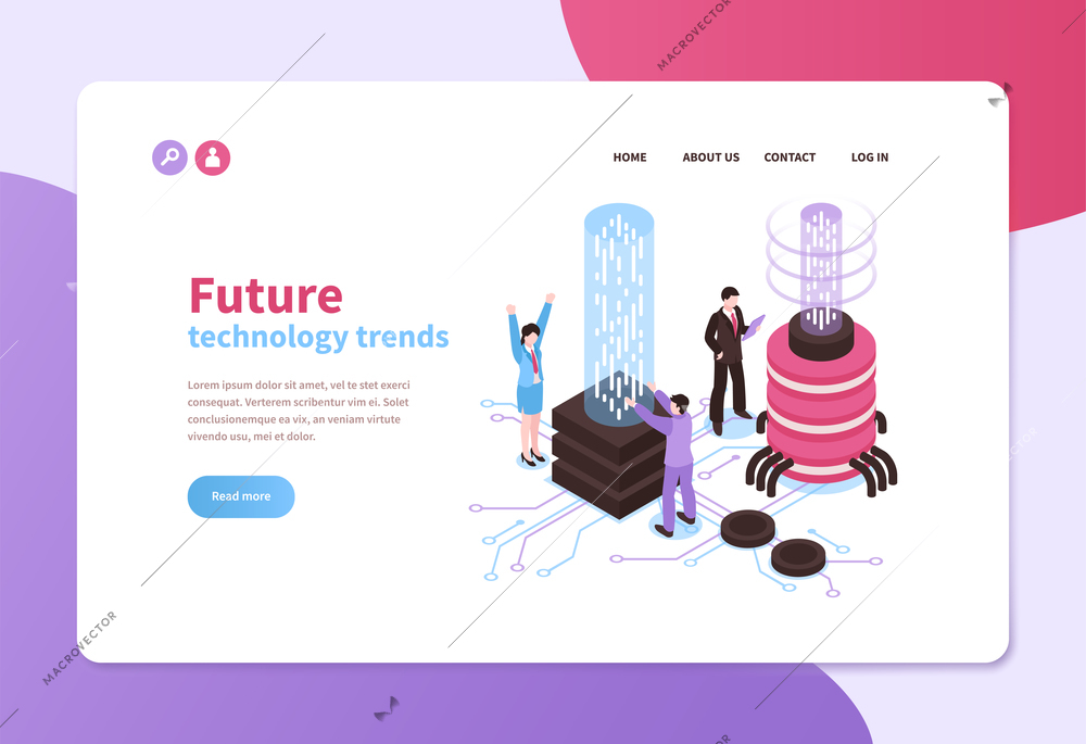 Isometric banner with future high technology trends and people using futuristic devices 3d vector illustration