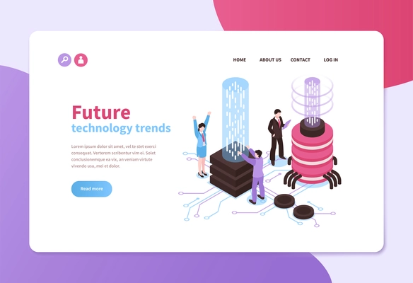 Isometric banner with future high technology trends and people using futuristic devices 3d vector illustration