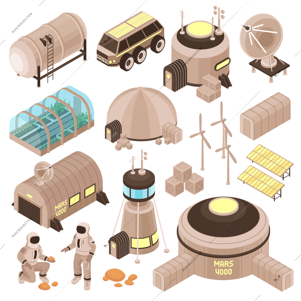 Space base buildings and astronauts on mars isometric set 3d isolated vector illustration