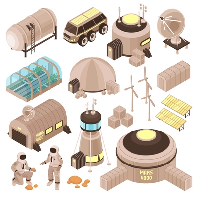 Space base buildings and astronauts on mars isometric set 3d isolated vector illustration