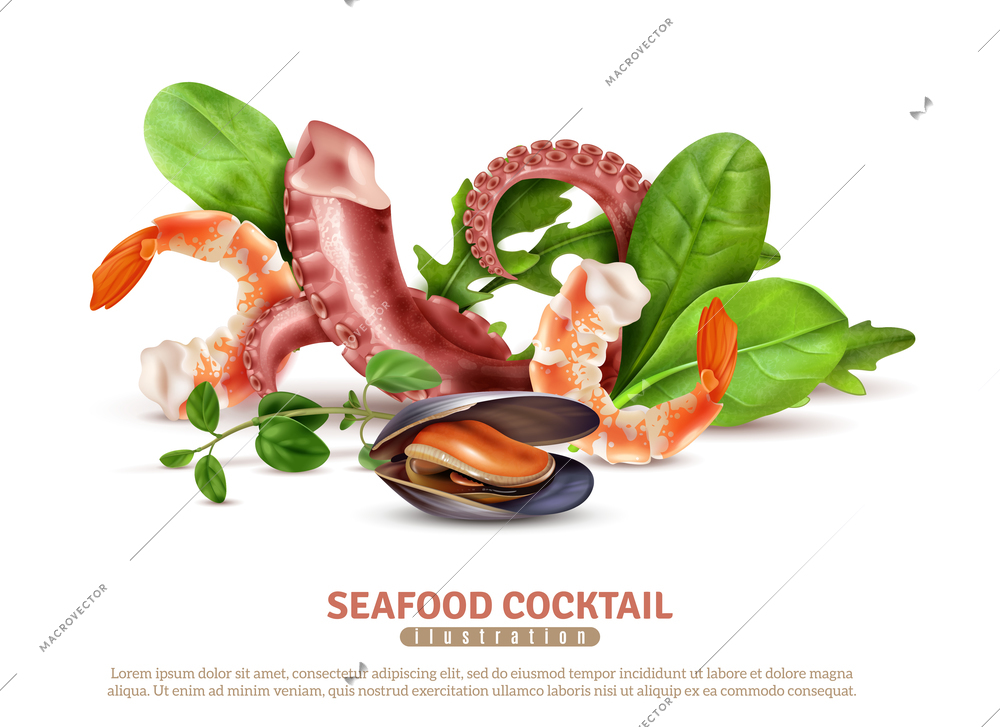 Appetizing seafood cocktail ingredients closeup realistic composition poster with shrimps octopus tentacles mussel basil leaves vector illustration