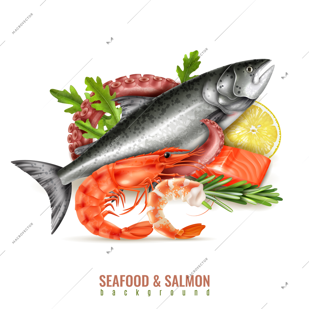 Seafood cocktail ingredients realistic composition with whole fresh salmon fish shrimps octopus tentacle lemon herbs vector illustration