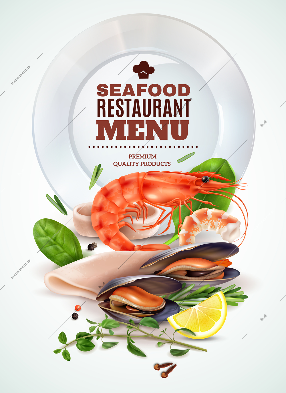 Seafood restaurant menu realistic poster with shrimp squid mussels fresh herbs spices marine cocktail ingredients vector illustration