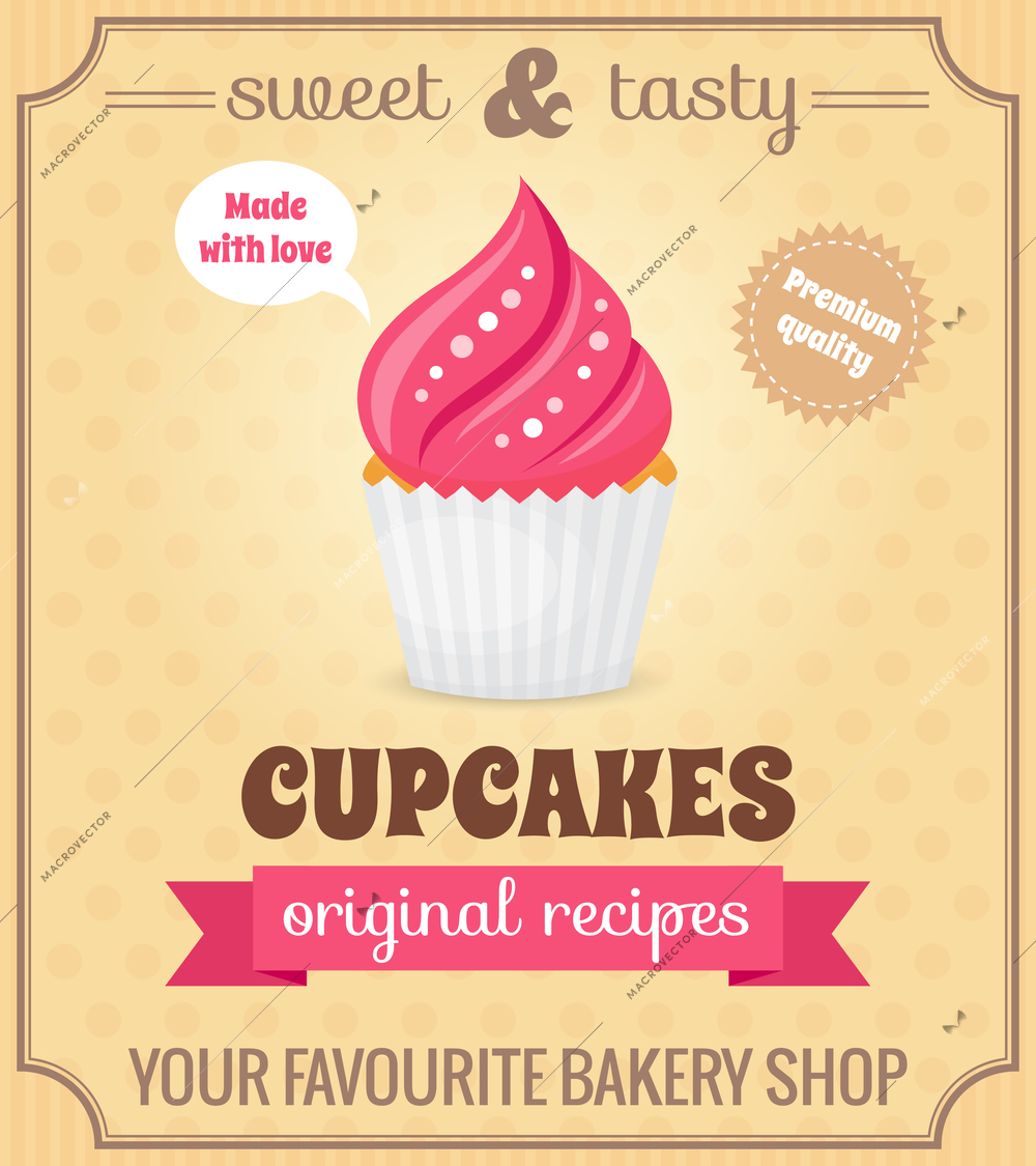 Sweet and tasty food dessert original recipe cupcake retro poster vector illustration