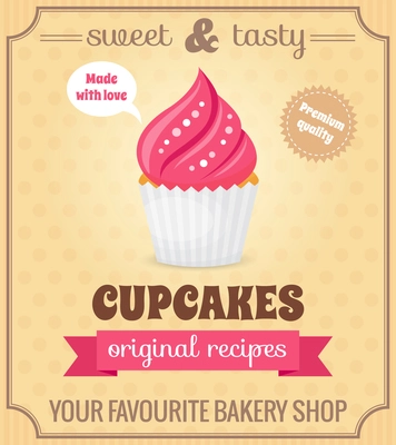 Sweet and tasty food dessert original recipe cupcake retro poster vector illustration