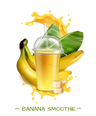 Fresh ripe banana smoothie healthy drink realistic composition with transparent disposal mug straw splash leaves vector illustration