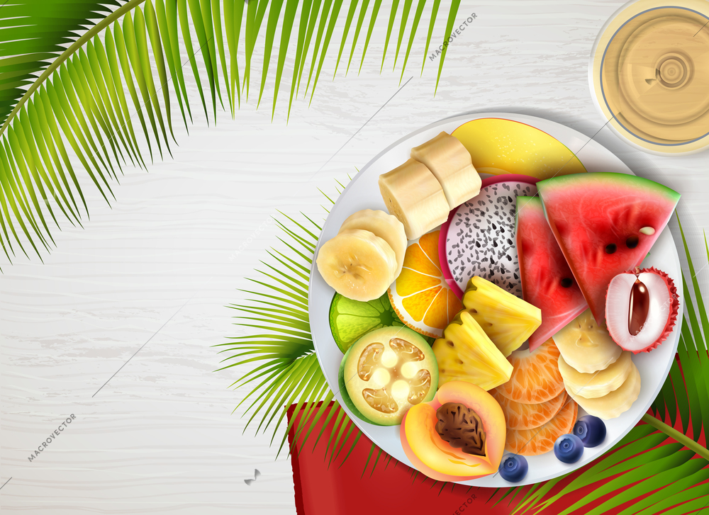 Assorted tropical fruits slices plate realistic top view with banana lychee lime pineapple peach papaya vector illustration
