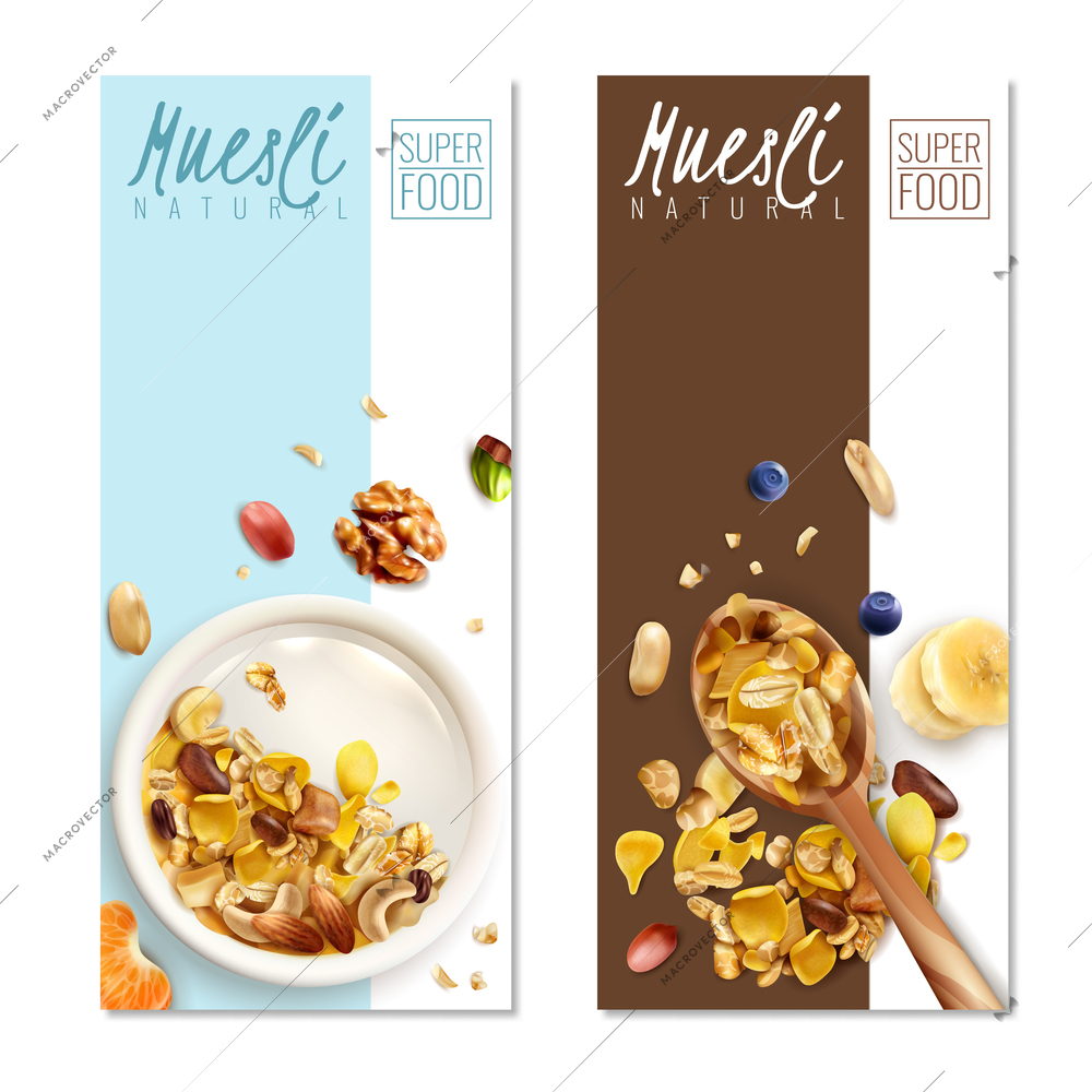 Muesli healthy food 2 realistic vertical banners with milk bowl spoon roasted oats flakes nuts vector illustration