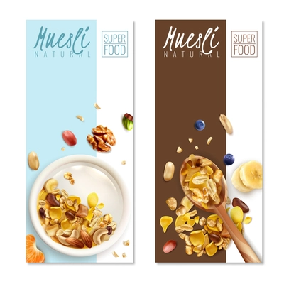 Muesli healthy food 2 realistic vertical banners with milk bowl spoon roasted oats flakes nuts vector illustration