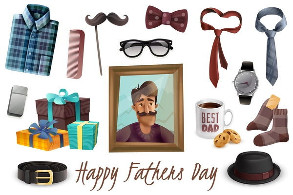 Happy fathers day celebration accessories presents realistic set with ties dad picture glasses shirt hat vector illustration