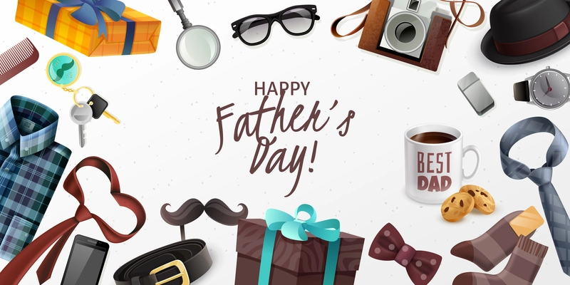 Happy fathers day greeting card horizontal banner with classic male accessories retro camera presents realistic vector illustration