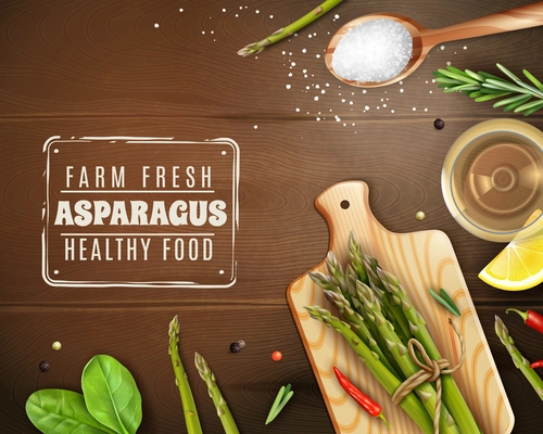 Farm fresh asparagus healthy food realistic dark wood background with cutting board basil chili pepper vector illustration