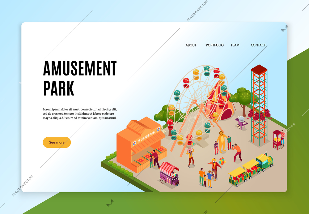 Amusement park with visitors during entertainments isometric concept of web banner on light background vector illustration