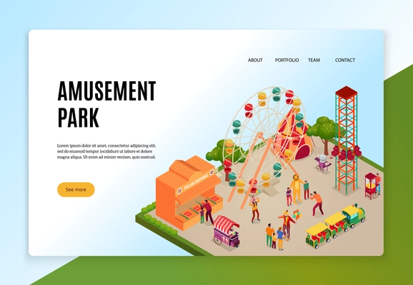 Amusement park with visitors during entertainments isometric concept of web banner on light background vector illustration