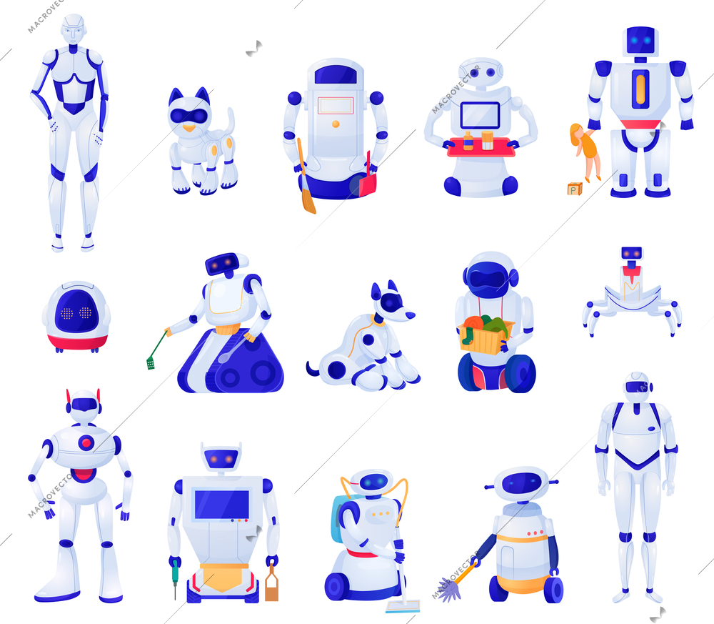 Set of artificial intelligence machines of various shape robots pets and household helpers isolated vector illustration