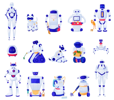 Set of artificial intelligence machines of various shape robots pets and household helpers isolated vector illustration