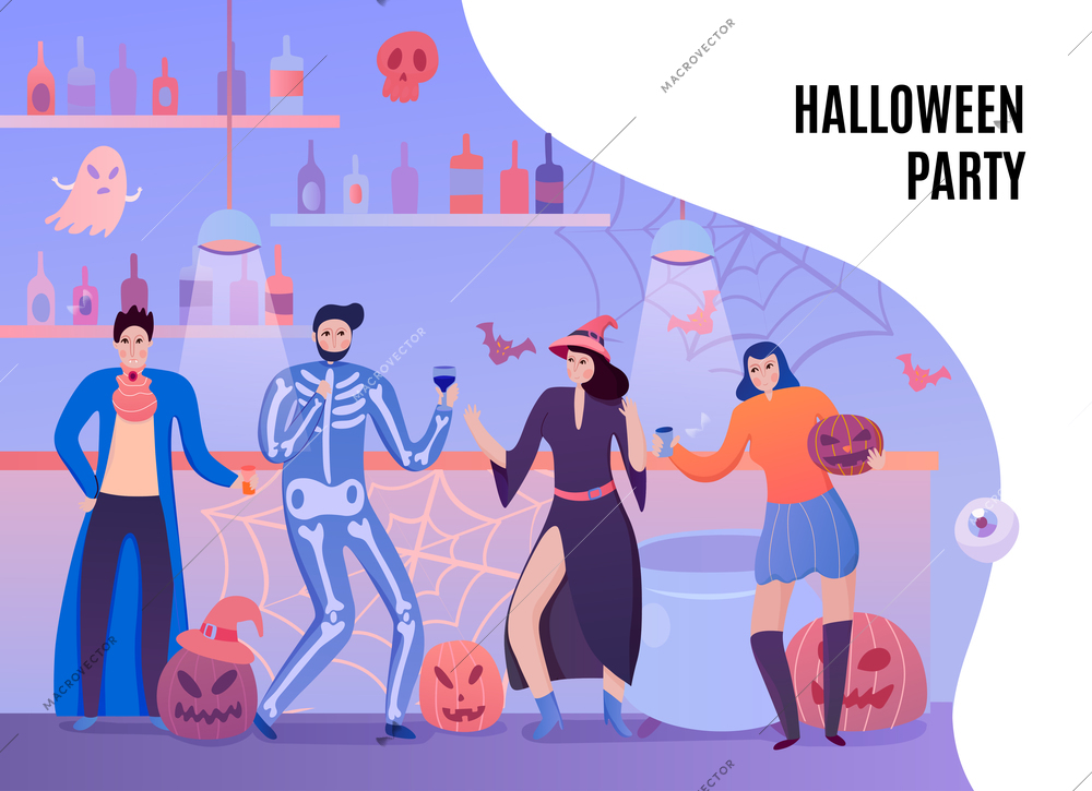 Human characters in costumes of vampire witch and skeleton with drinks during halloween party flat vector illustration