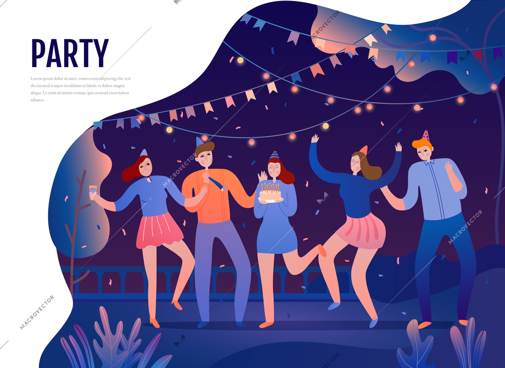 Group of young persons with festive attributes during dances on birth day party flat vector illustration