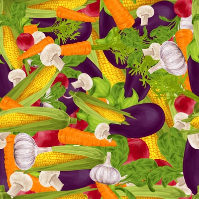 Vegetable organic food realistic seamless background with champignon eggplant radish vector illustration.