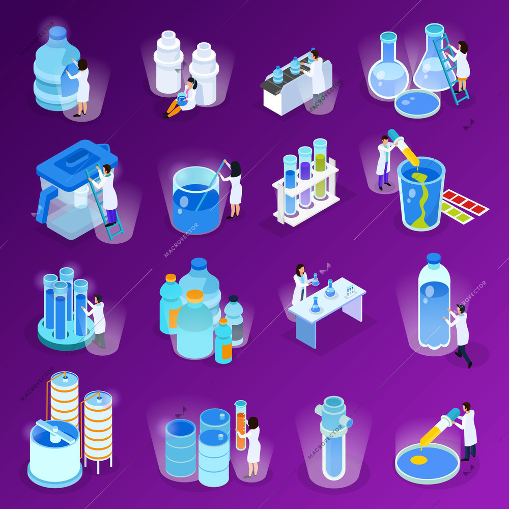 Water purification isometric and flat icon set with scientists work at the laboratory vector illustration