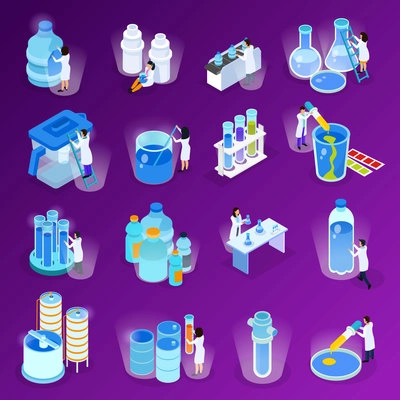 Water purification isometric and flat icon set with scientists work at the laboratory vector illustration