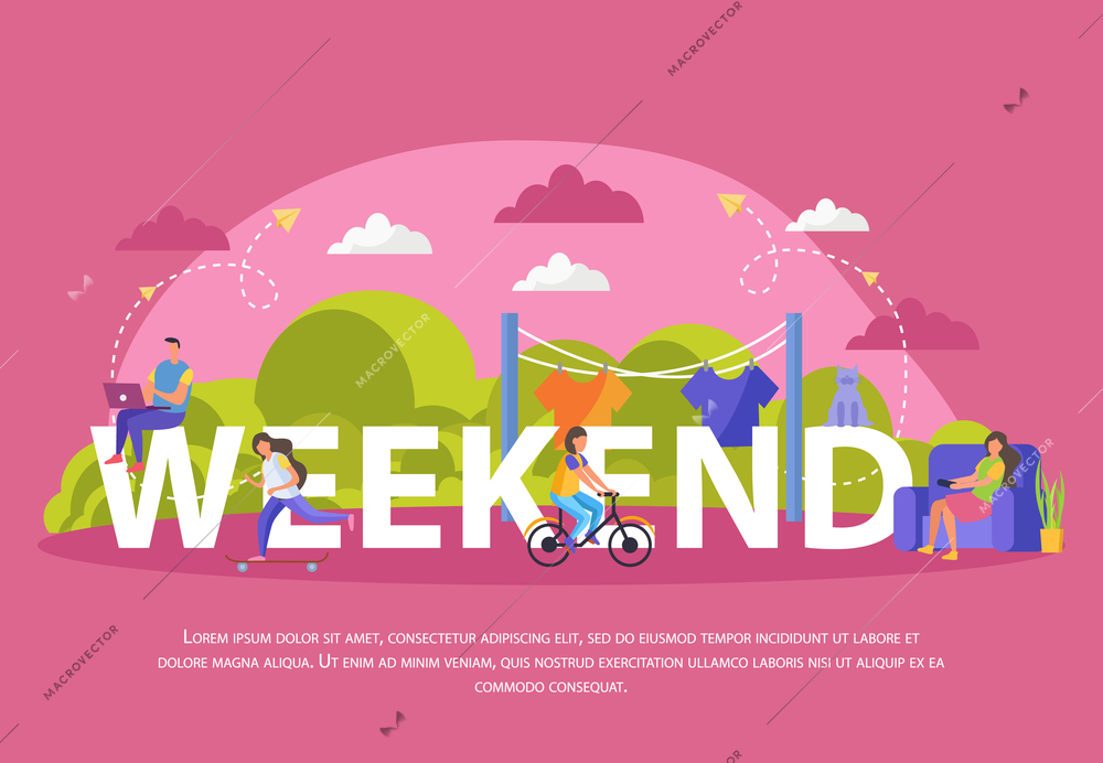 Lazy weekends people flat poster with big weekend headline and people sit on it vector illustration