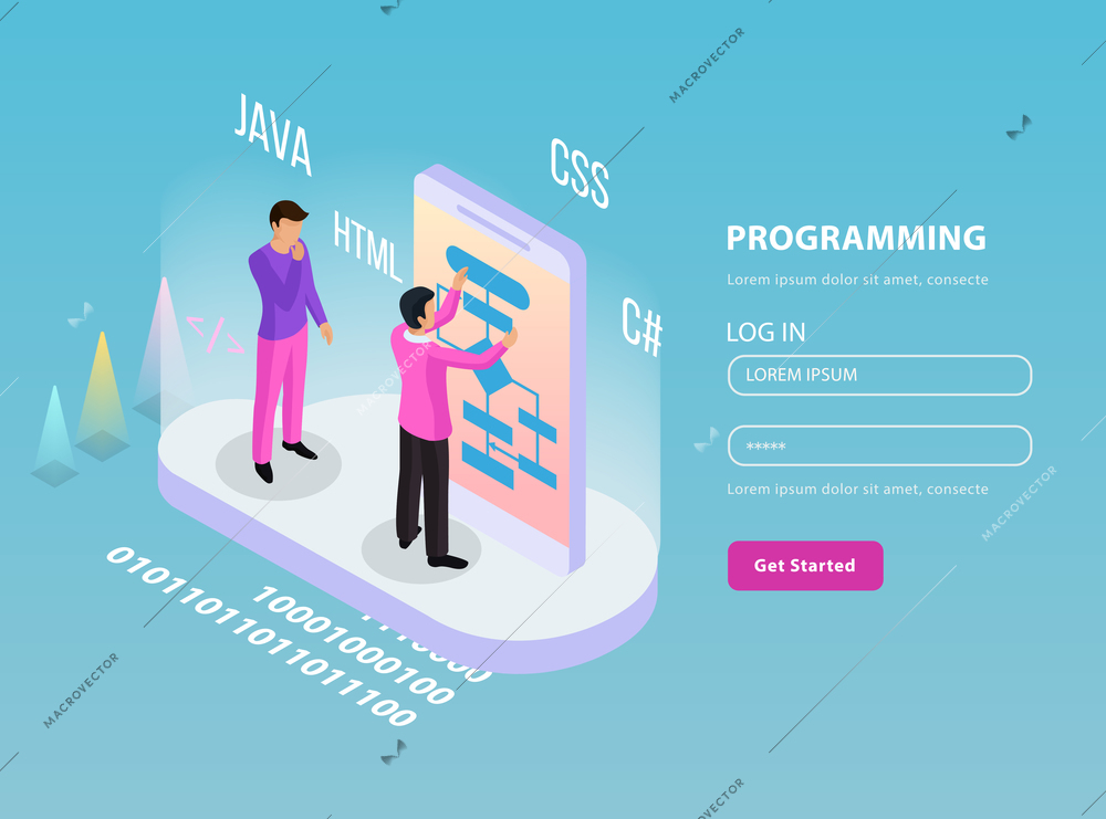Freelance programming isometric composition with two programmers on work and log in password lines vector illustration