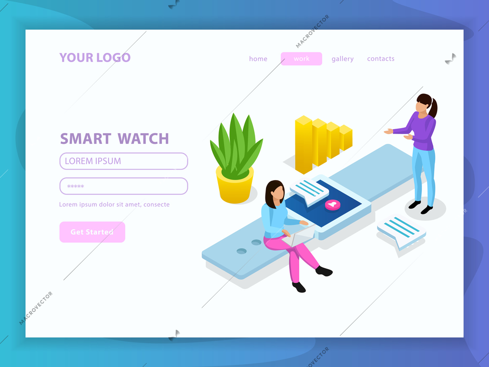 People and interfaces isometric composition with get started button menu and smart watch headline vector illustration