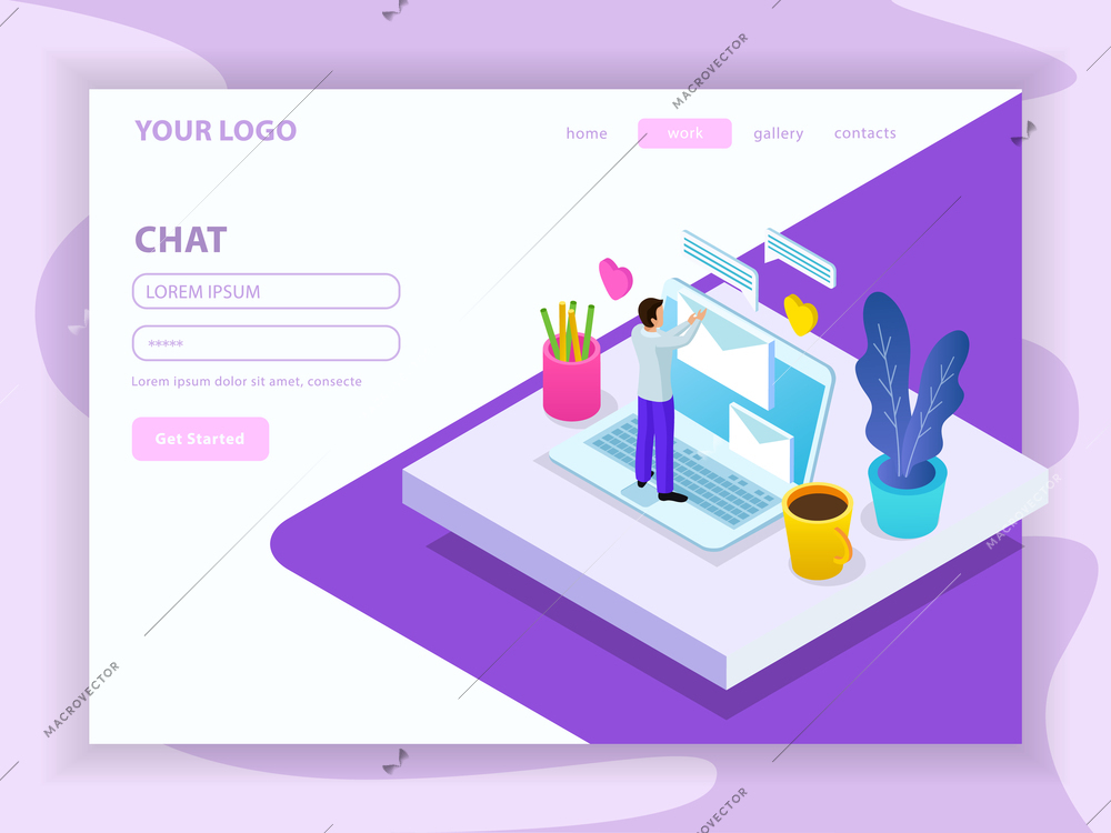 Virtual communication isometric composition with landing page of website with menu and registration form vector illustration