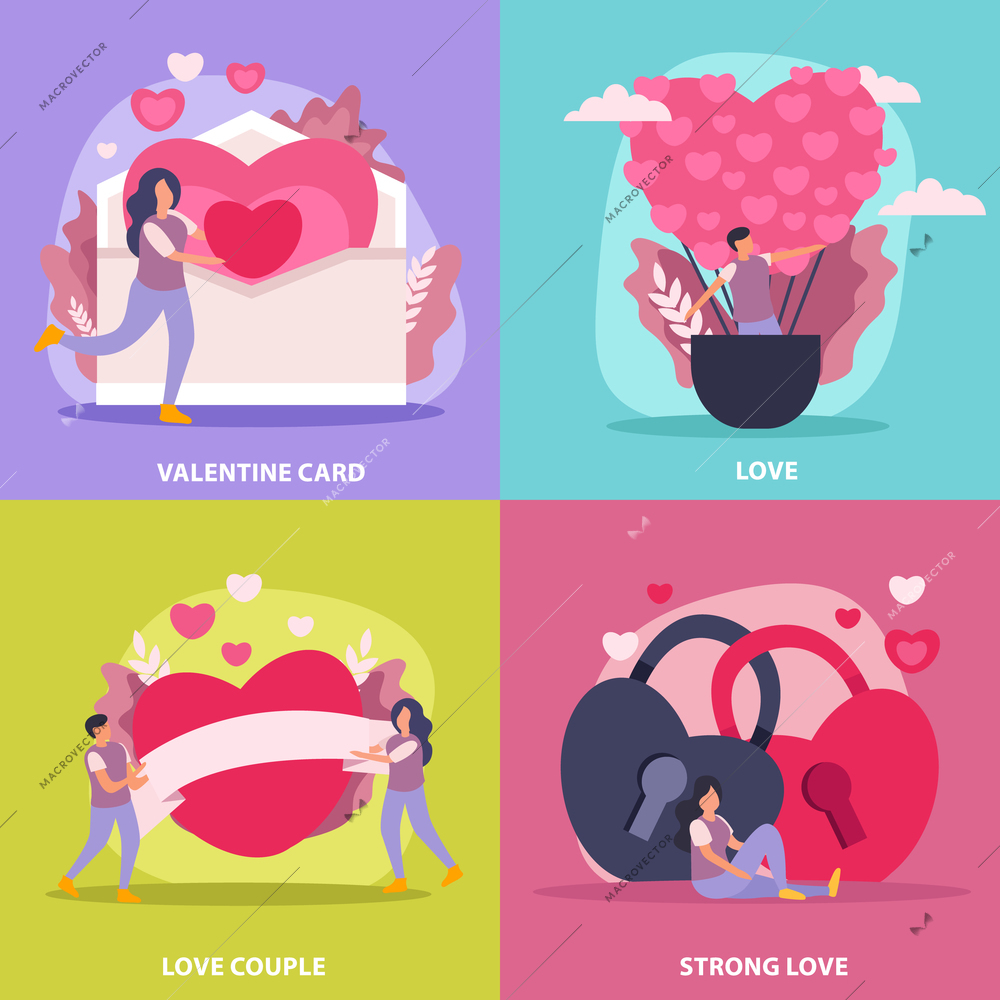 Love couple flat icon set with valentine card couple and strong love description vector illustration