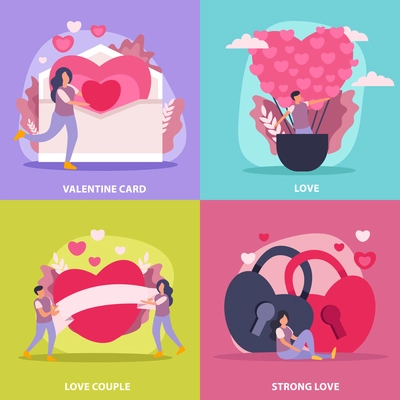 Love couple flat icon set with valentine card couple and strong love description vector illustration
