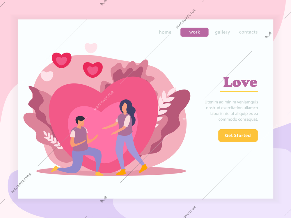 Love couple flat landing page composition with love headline and yellow button get started vector illustration