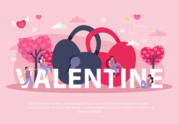 Colored and flat love couple composition with abstract items and big valentine element vector illustration