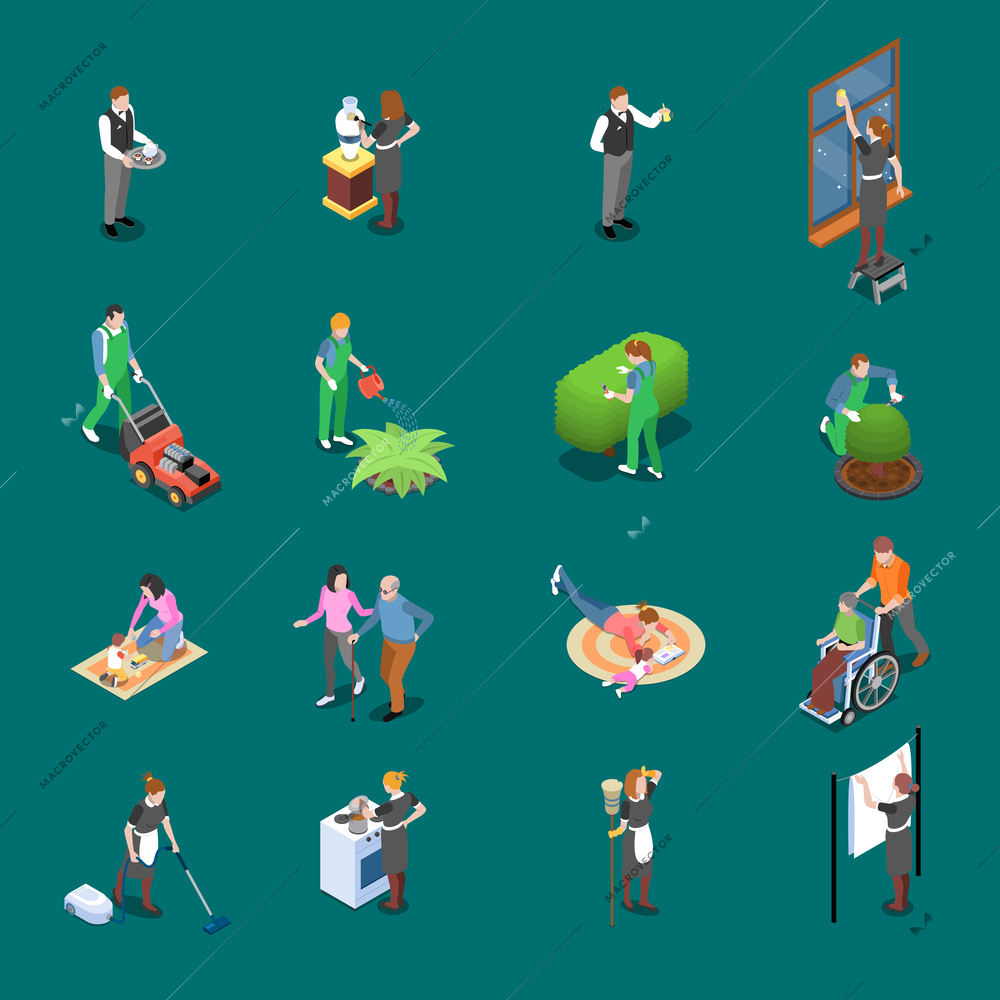 Home staff isometric people isometric icons collection of isolated images with domestic items and human characters vector illustration