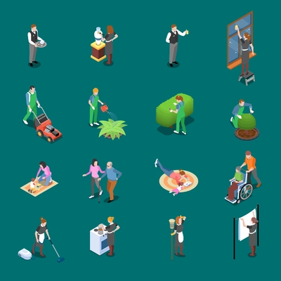 Home staff isometric people isometric icons collection of isolated images with domestic items and human characters vector illustration