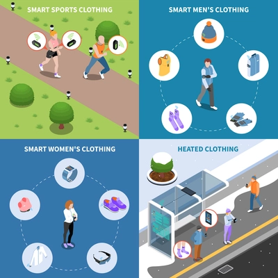 Wearable technology smart clothes isometric 2x2 design concept with human characters text and circle pictogram icons vector illustration