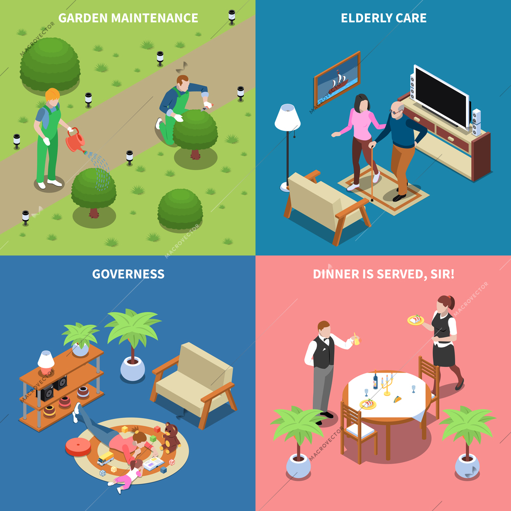 Home staff isometric people 2x2 design concept with text house workers and multi purpose domestic assistants vector illustration