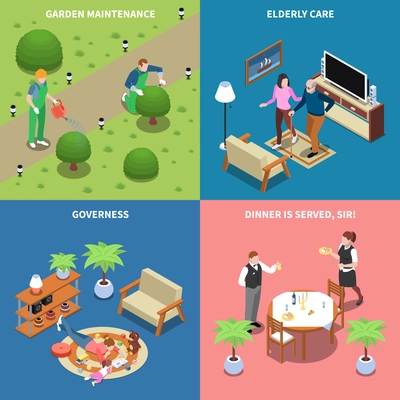 Home staff isometric people 2x2 design concept with text house workers and multi purpose domestic assistants vector illustration