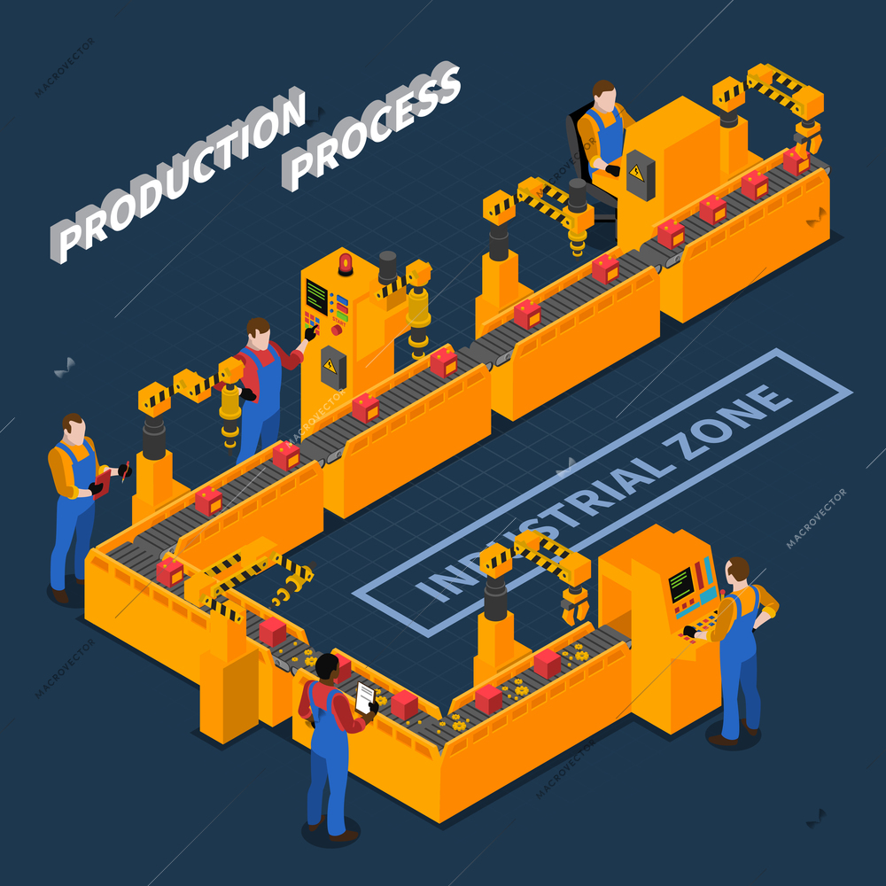 Factory workers isometric people with images of long conveyor assembly line and operating workers with text vector illustration