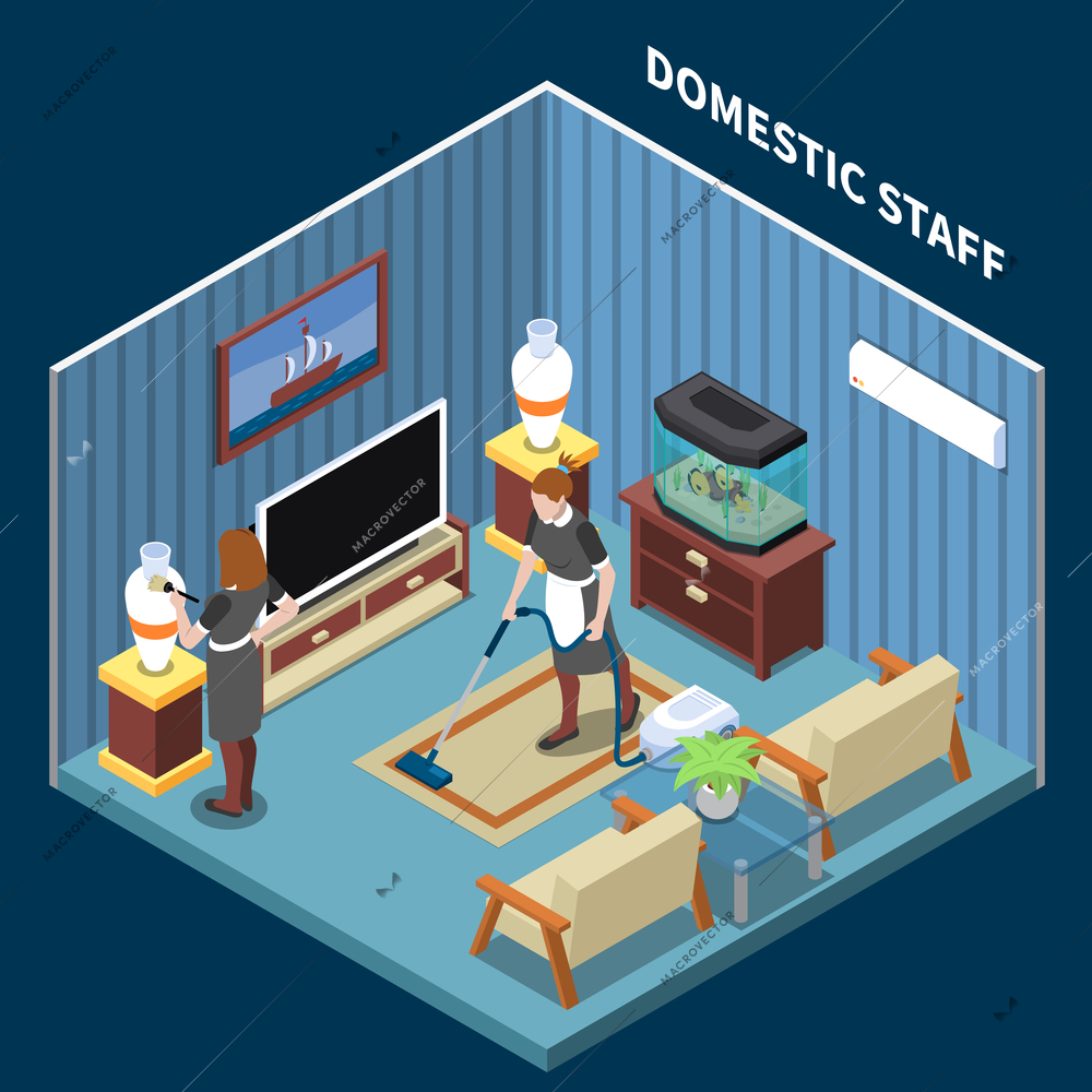 Home staff isometric people composition with living room domestic interior furniture and female domestic assistant character vector illustration