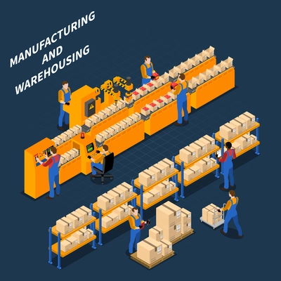 Factory workers isometric people composition with human characters of workers in uniform shelves boxes and conveyor vector illustration