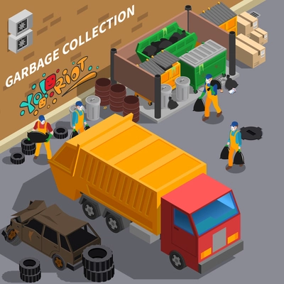 Garbage recycling isometric composition with outdoor view of rear yard with sanitation truck rubbish and workers vector illustration