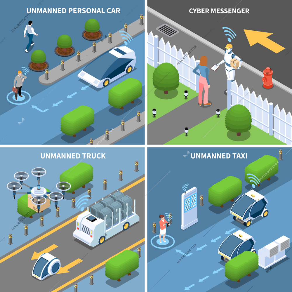 Autonomous car driverless vehicle robotic transport isometric 2x2 design concept with futuristic cars drones and people vector illustration