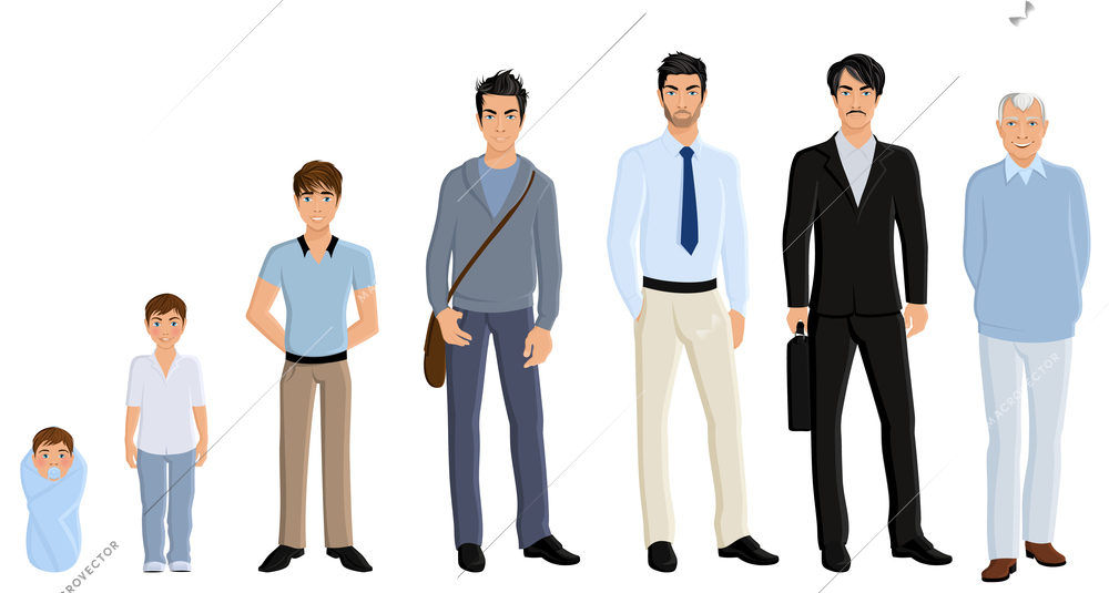 Different generation aging men set isolated on white background vector illustration